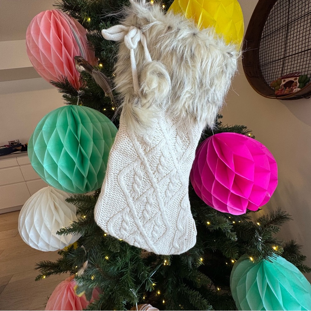 Cozy Knit Christmas Stockings with Faux Fur Trim and fur Pom poms (ONE Stocking)